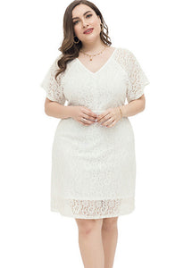 Women White Patchwork Lace Mid Dresses Short Sleeve