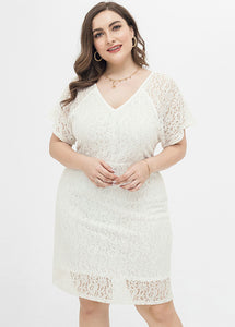 Women White Patchwork Lace Mid Dresses Short Sleeve