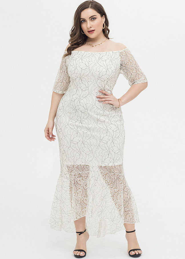 Women White Slash Neck Patchwork Lace Fishtail Dress Summer