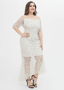 Women White Slash Neck Patchwork Lace Fishtail Dress Summer