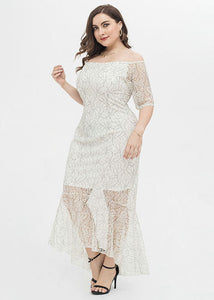 Women White Slash Neck Patchwork Lace Fishtail Dress Summer