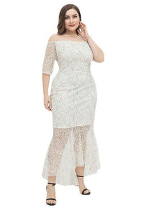 Women White Slash Neck Patchwork Lace Fishtail Dress Summer