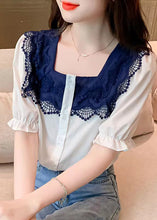 Load image into Gallery viewer, Women White Square Collar Lace Patchwork Button Shirt Short Sleeve