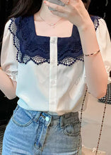 Load image into Gallery viewer, Women White Square Collar Lace Patchwork Button Shirt Short Sleeve