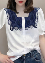 Load image into Gallery viewer, Women White Square Collar Lace Patchwork Button Shirt Short Sleeve