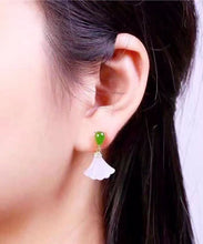 Load image into Gallery viewer, Women White Sterling Silver Inlaid Jade Fan Shaped Drop Earrings