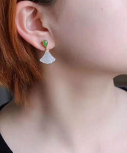 Load image into Gallery viewer, Women White Sterling Silver Inlaid Jade Fan Shaped Drop Earrings