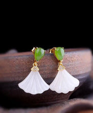 Load image into Gallery viewer, Women White Sterling Silver Inlaid Jade Fan Shaped Drop Earrings