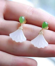 Load image into Gallery viewer, Women White Sterling Silver Inlaid Jade Fan Shaped Drop Earrings