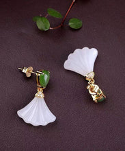 Load image into Gallery viewer, Women White Sterling Silver Inlaid Jade Fan Shaped Drop Earrings