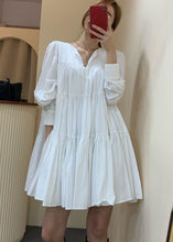 Load image into Gallery viewer, Women White V Neck Patchwork Wrinkled Cotton Dress Long Sleeve