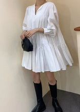 Load image into Gallery viewer, Women White V Neck Patchwork Wrinkled Cotton Dress Long Sleeve