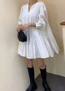 Women White V Neck Patchwork Wrinkled Cotton Dress Long Sleeve