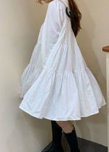 Load image into Gallery viewer, Women White V Neck Patchwork Wrinkled Cotton Dress Long Sleeve