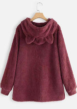 Load image into Gallery viewer, Women Wine Red Hooded Embroideried Patchwork Teddy Faux Fur Sweatshirts Fall