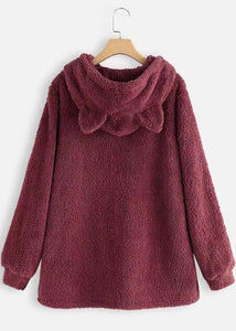 Women Wine Red Hooded Embroideried Patchwork Teddy Faux Fur Sweatshirts Fall