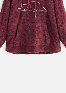 Women Wine Red Hooded Embroideried Patchwork Teddy Faux Fur Sweatshirts Fall