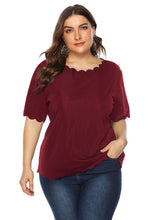 Load image into Gallery viewer, Women Wine Red O Neck Patchwork Loose Cotton T Shirts Short Sleeve