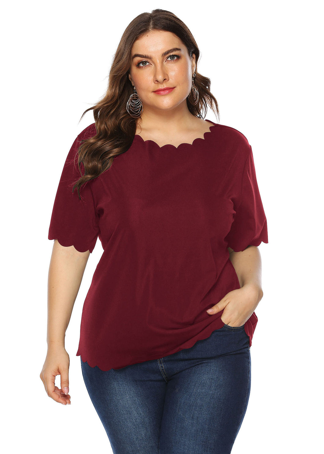 Women Wine Red O Neck Patchwork Loose Cotton T Shirts Short Sleeve