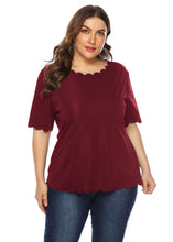 Load image into Gallery viewer, Women Wine Red O Neck Patchwork Loose Cotton T Shirts Short Sleeve