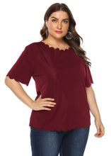 Load image into Gallery viewer, Women Wine Red O Neck Patchwork Loose Cotton T Shirts Short Sleeve