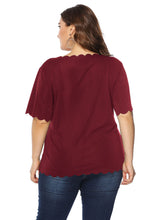 Load image into Gallery viewer, Women Wine Red O Neck Patchwork Loose Cotton T Shirts Short Sleeve