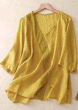 Load image into Gallery viewer, Women Yellow Asymmetrical Lace Patchwork Linen Shirts Summer