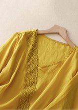 Load image into Gallery viewer, Women Yellow Asymmetrical Lace Patchwork Linen Shirts Summer