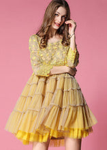 Load image into Gallery viewer, Women Yellow Embroideried Lace Patchwork Tulle Dress Bracelet Sleeve