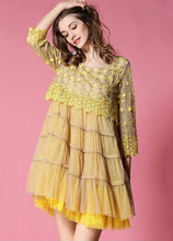 Load image into Gallery viewer, Women Yellow Embroideried Lace Patchwork Tulle Dress Bracelet Sleeve