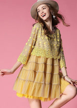 Load image into Gallery viewer, Women Yellow Embroideried Lace Patchwork Tulle Dress Bracelet Sleeve