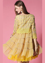 Load image into Gallery viewer, Women Yellow Embroideried Lace Patchwork Tulle Dress Bracelet Sleeve