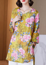 Load image into Gallery viewer, Women Yellow O Neck Print Side Open Patchwork Linen Shirt Tops Summer