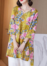 Load image into Gallery viewer, Women Yellow O Neck Print Side Open Patchwork Linen Shirt Tops Summer