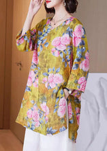 Load image into Gallery viewer, Women Yellow O Neck Print Side Open Patchwork Linen Shirt Tops Summer