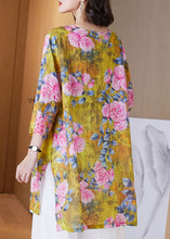 Load image into Gallery viewer, Women Yellow O Neck Print Side Open Patchwork Linen Shirt Tops Summer