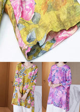 Load image into Gallery viewer, Women Yellow O Neck Print Side Open Patchwork Linen Shirt Tops Summer