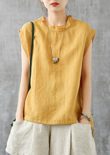 Load image into Gallery viewer, Women Yellow Stand Collar Drawstring Linen Tanks Short Sleeve