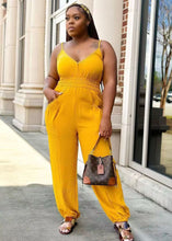 Load image into Gallery viewer, Women Yellow V Neck Elastic Waist Jumpsuits Lantern Summer