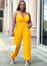 Load image into Gallery viewer, Women Yellow V Neck Elastic Waist Jumpsuits Lantern Summer