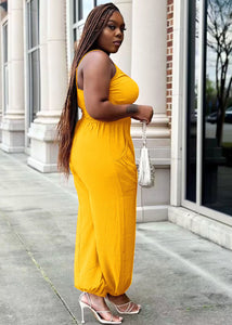 Women Yellow V Neck Elastic Waist Jumpsuits Lantern Summer