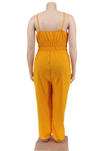 Women Yellow V Neck Elastic Waist Jumpsuits Lantern Summer