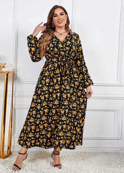 Women Yellow V Neck Print Patchwork Chiffon Dress Fall