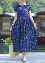 Load image into Gallery viewer, Women blue print cotton linen Tunics o neck Cinched short summer Dress