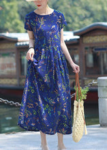 Load image into Gallery viewer, Women blue print cotton linen Tunics o neck Cinched short summer Dress