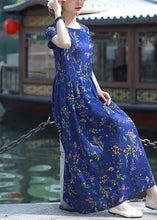 Load image into Gallery viewer, Women blue print cotton linen Tunics o neck Cinched short summer Dress