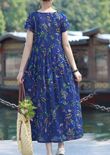 Load image into Gallery viewer, Women blue print cotton linen Tunics o neck Cinched short summer Dress