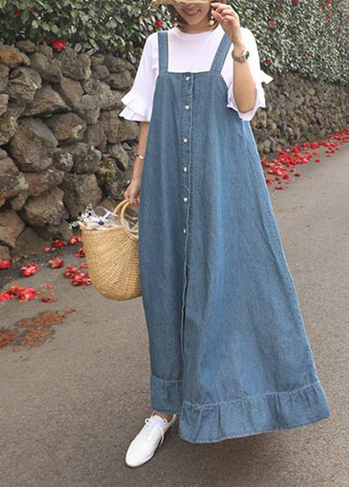 Women denim blue quilting dresses Spaghetti Strap Ruffles loose Dresses