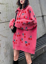 Load image into Gallery viewer, Women hooded drawstring Sweater dresses Street Style pink Cherry print Mujer sweater dress