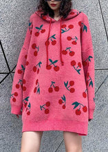 Load image into Gallery viewer, Women hooded drawstring Sweater dresses Street Style pink Cherry print Mujer sweater dress